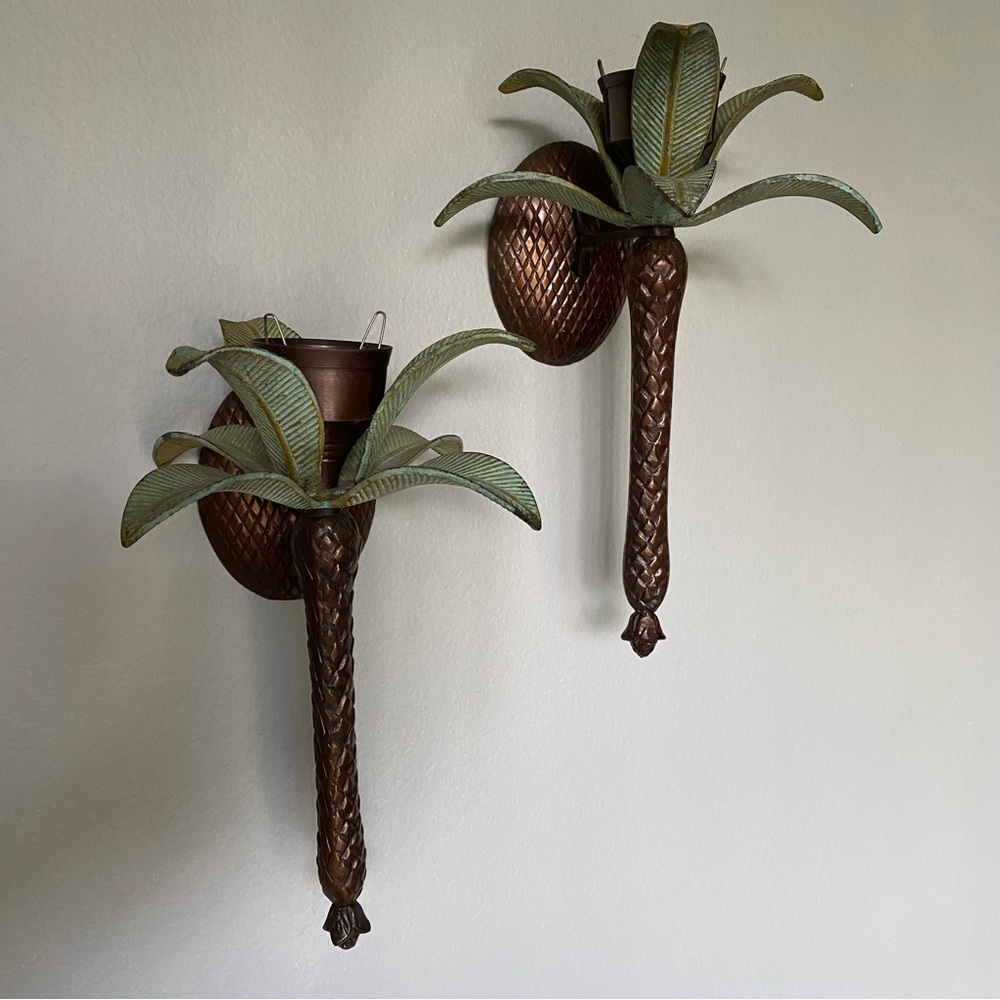 Pair Vintage 12” Hollywood Regency Style Palm Tree Brass Metal Wall Sconce Decor - Picture 2 of 6